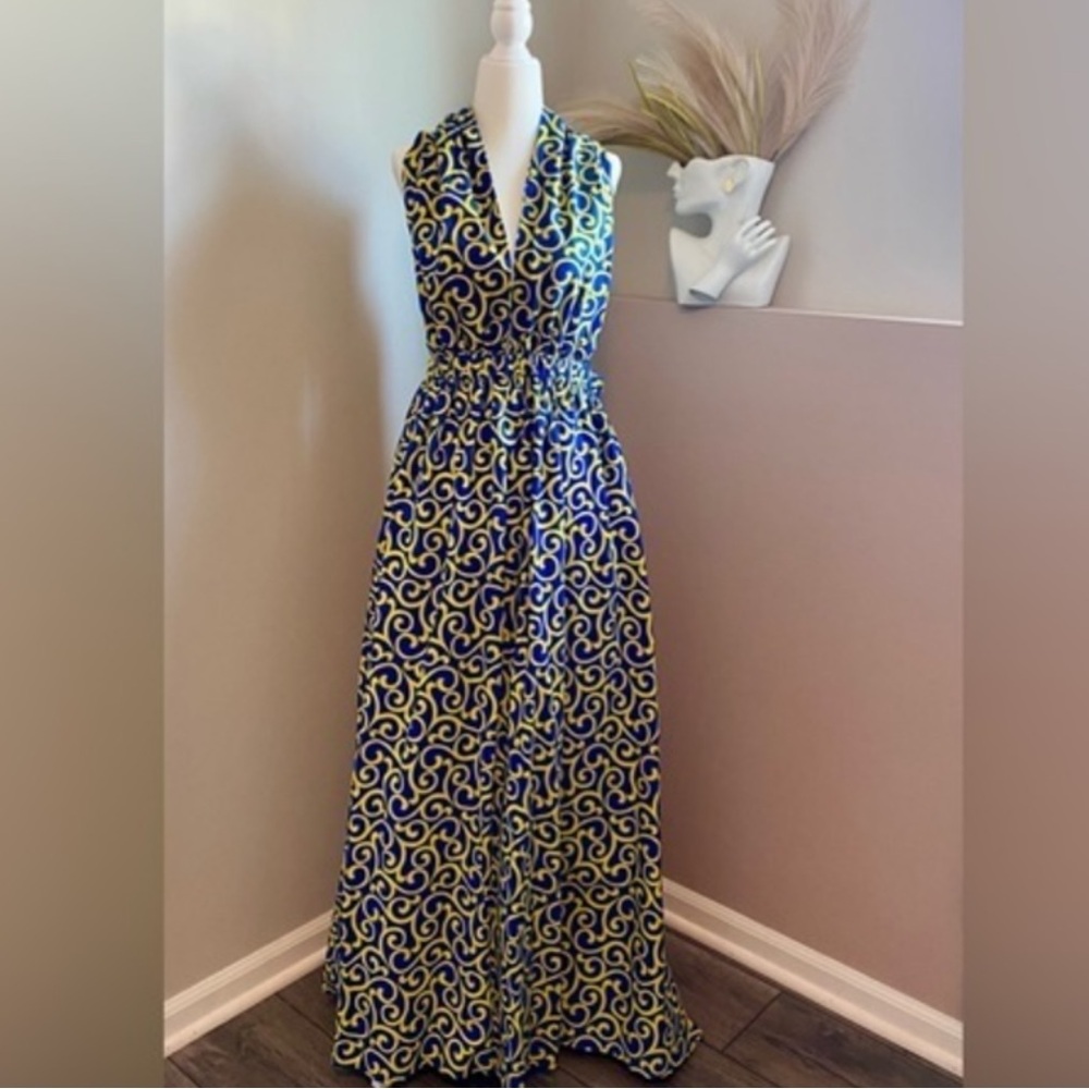 New Orleans‎ Small Medium Boho Blue Yellow Neck Wrap Summer Vacation Maxi Dress